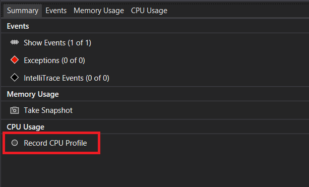 Screenshot that shows Diagnostics Tools enable CPU profiling.