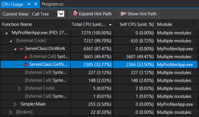 Screenshot that shows Diagnostics Tools Hot Path.