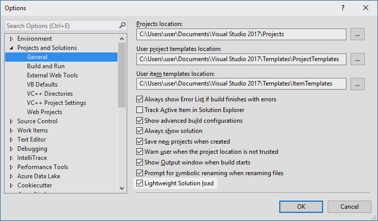 Nová funkce zjednodušeného načtení řešení v integrovaném vývojovém prostředí sady Visual Studio