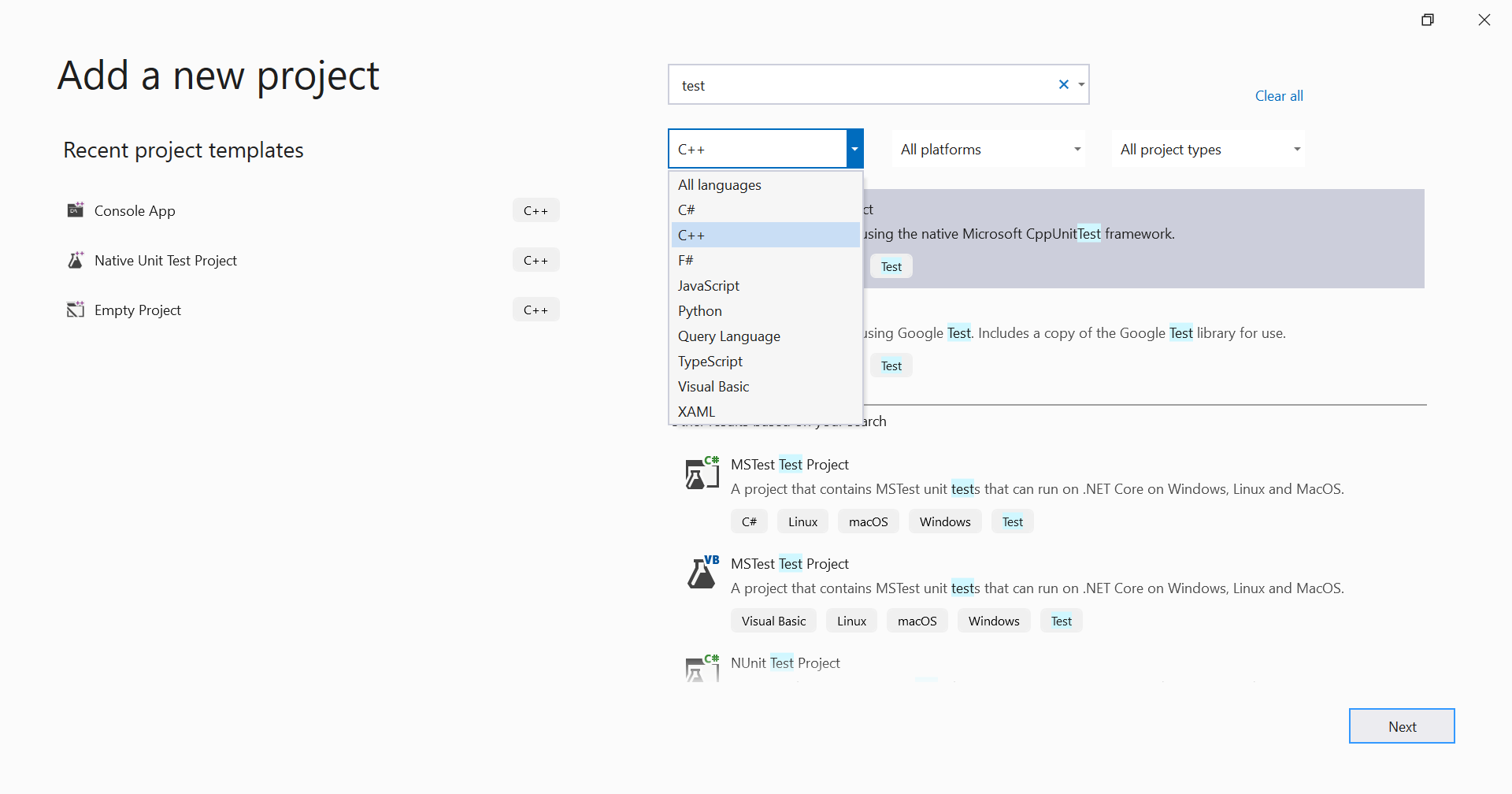 Projekty testů C++ v sadě Visual Studio 2022