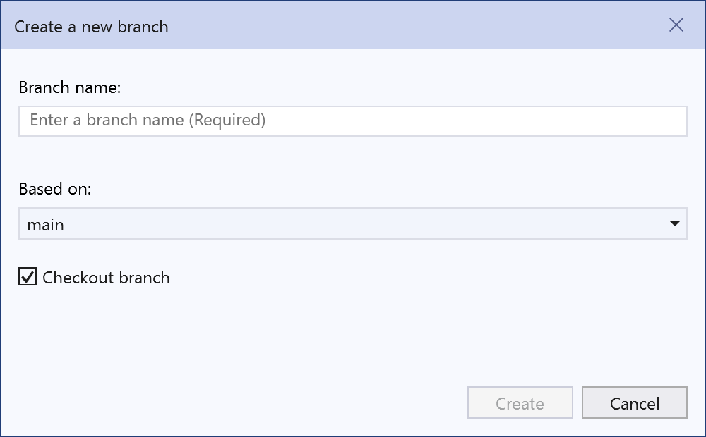 Dialogové okno Vytvořit novou větev v sadě Visual Studio 