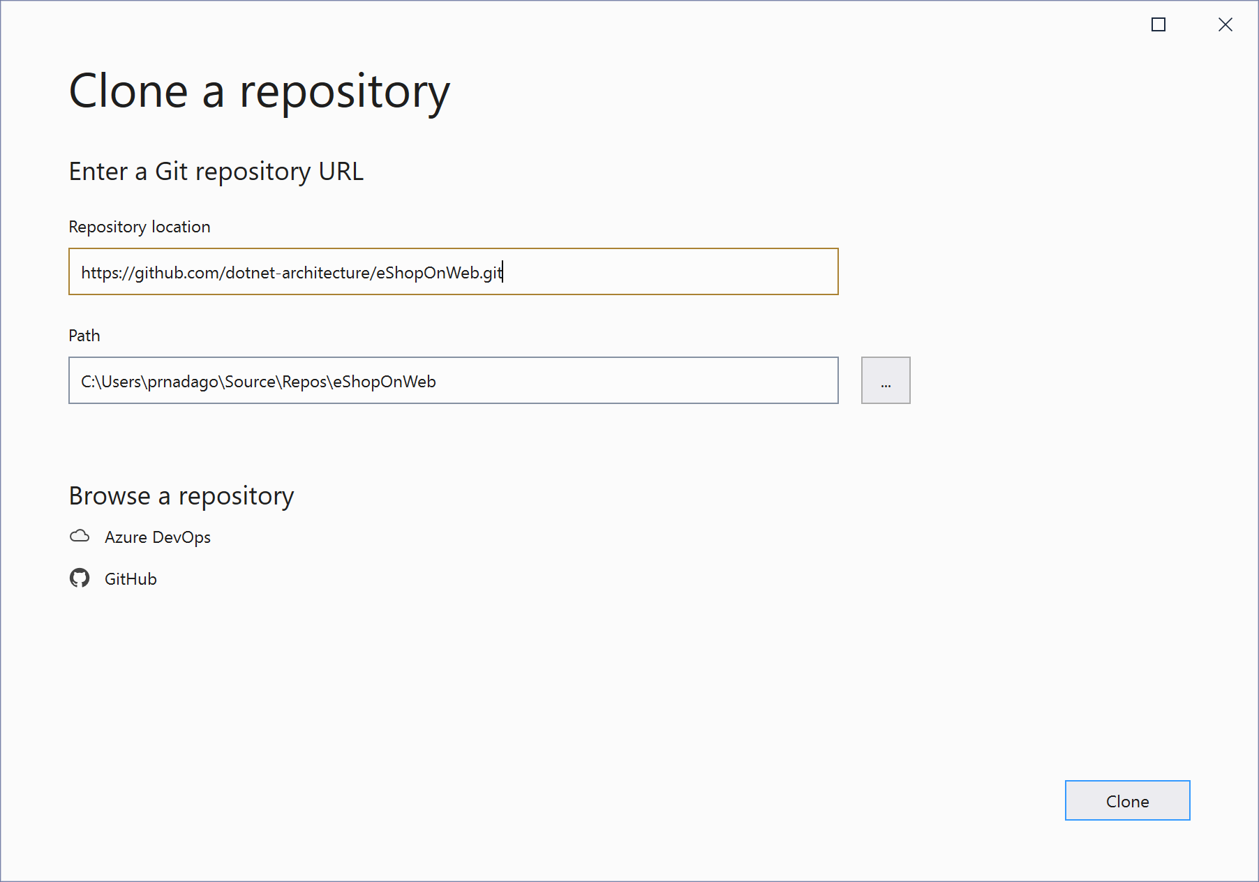 Dialogové okno Klonovat úložiště Git v sadě Visual Studio.