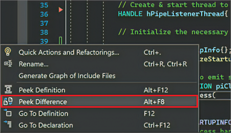 Snímek obrazovky místní nabídky po kliknutí pravým tlačítkem v sadě Visual Studio, kde můžete vybrat Náhled rozdílu