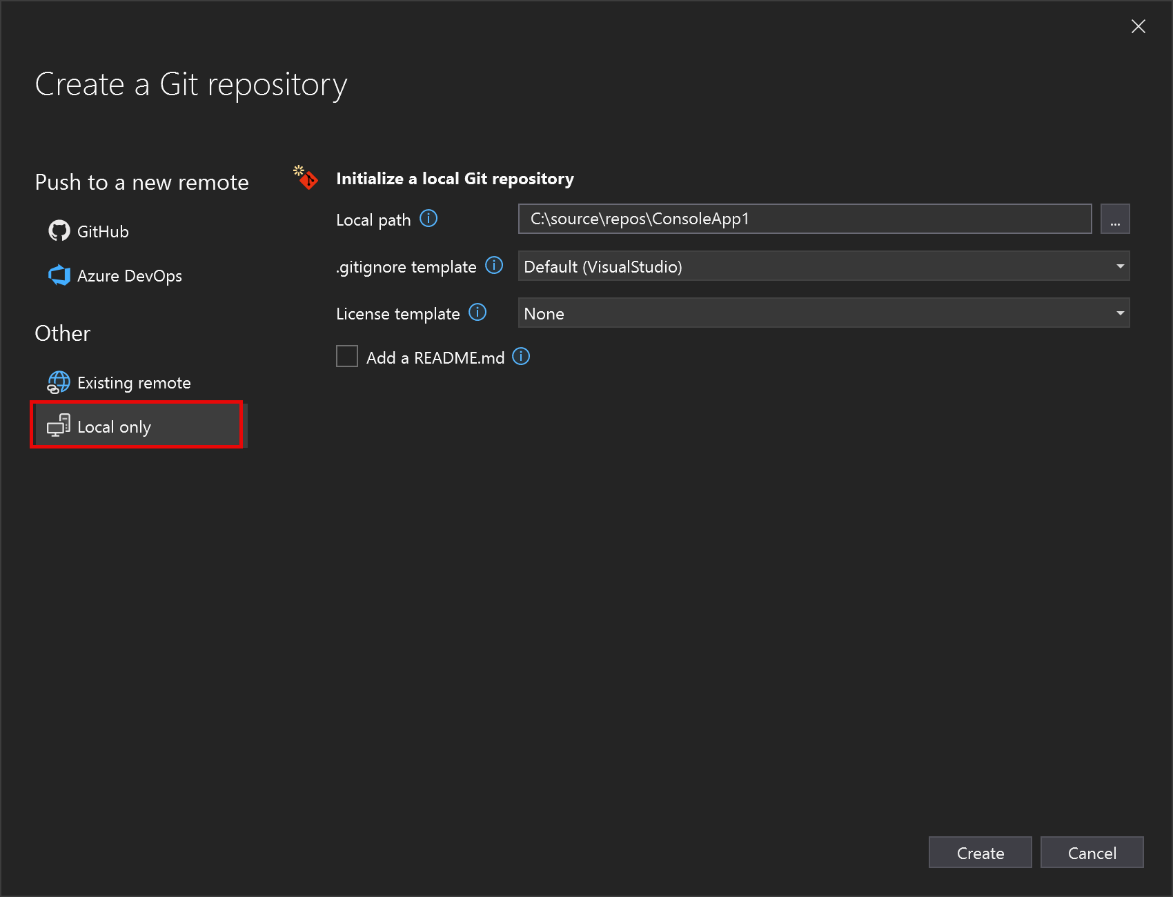 Snímek obrazovky Vytvořit úložiště Git zobrazující možnost Pouze místní