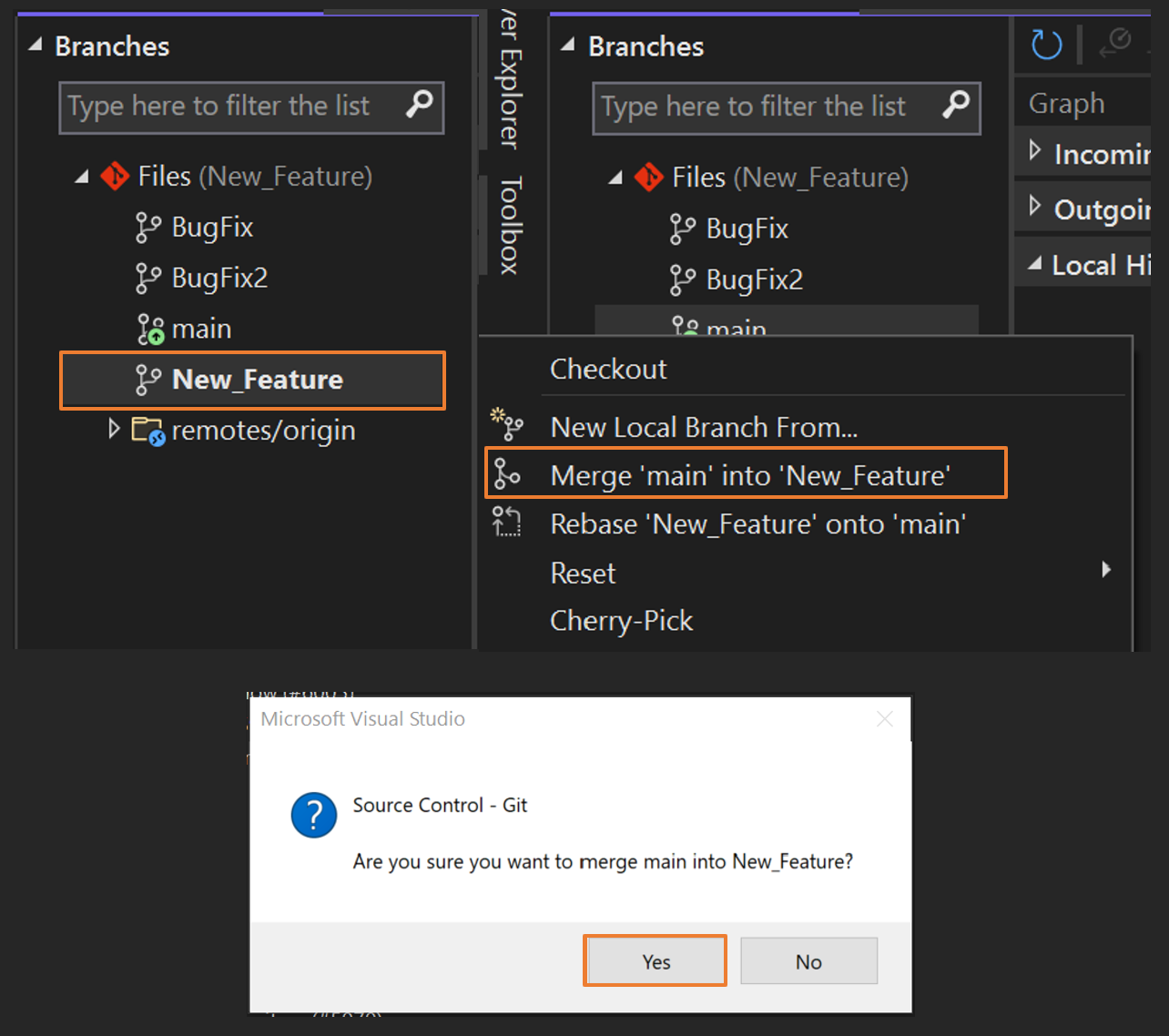 Snímek obrazovky se sloučením větví v sadě Visual Studio