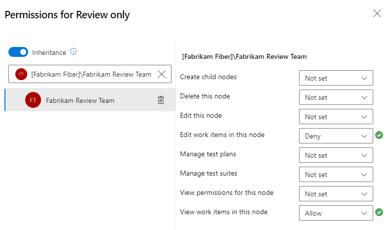 Screenshot of Permissions dialog for an Area Path to restrict modifications of work items.