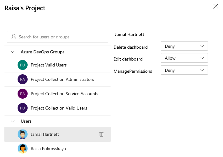 Project dashboard permissions dialog.