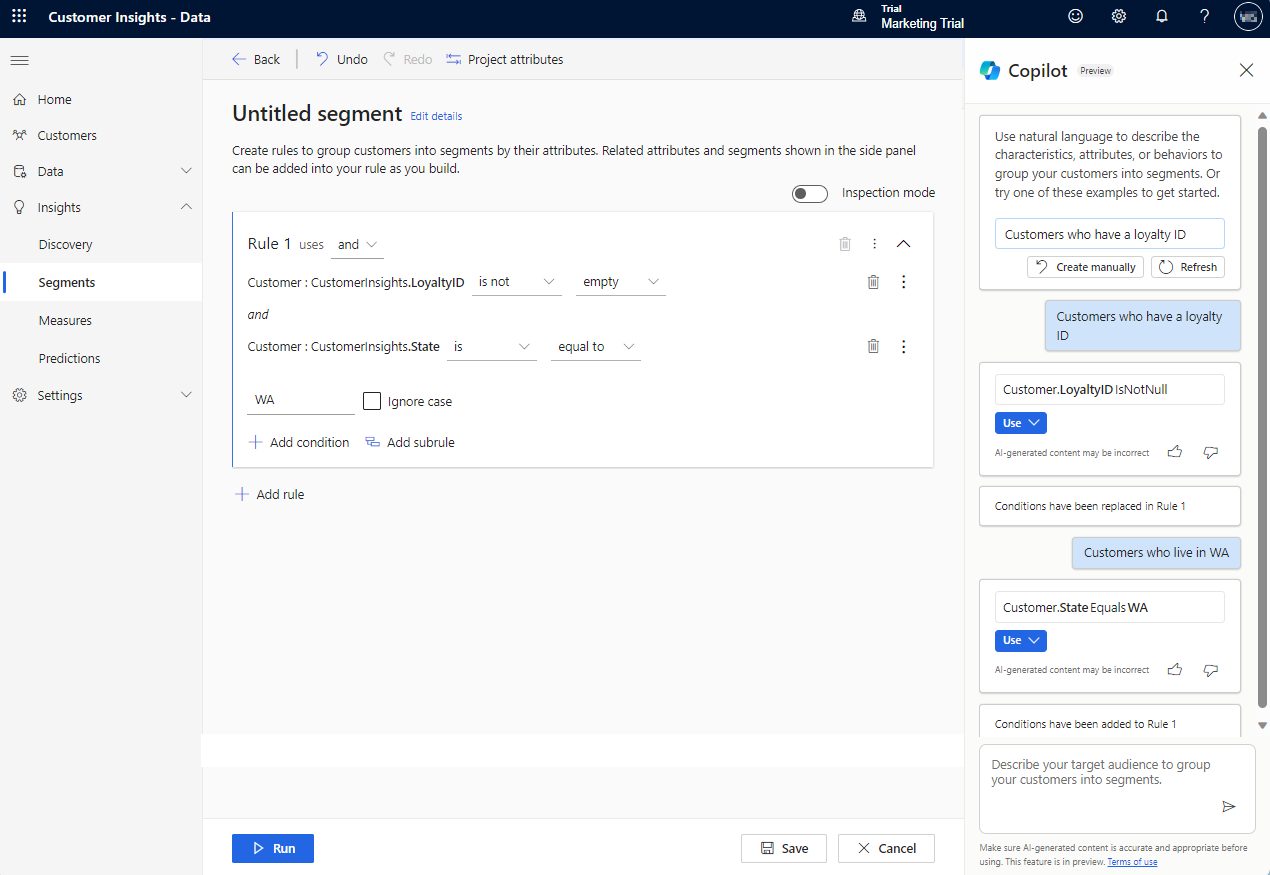 Skærmbillede af en segmentregel, der er oprettet af Copilot i Customer Insights - Data.