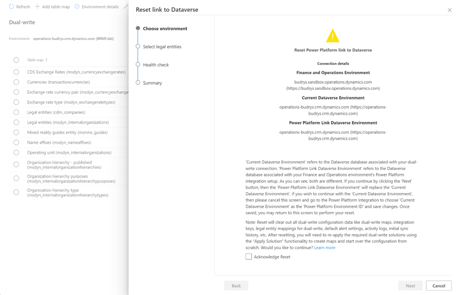 Choose environment page in the Reset link to Dataverse wizard for scenario 2.