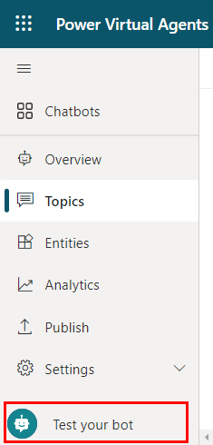 Skærmbillede af panelet Copilot Studio i venstre side, hvor knappen Test din robot er fremhævet.