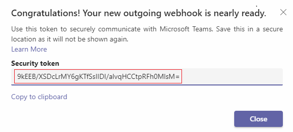 Screenshot of Outgoing Webhook being ready with the Security token highlighted in red.