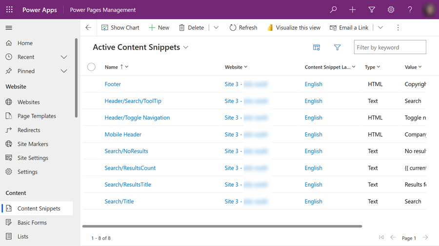 Skærmbillede, der viser et websted, der redigeres i appen Power Pages Management.