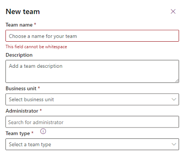 Skærmbillede af indstillinger for et nyt Dataverse-team.