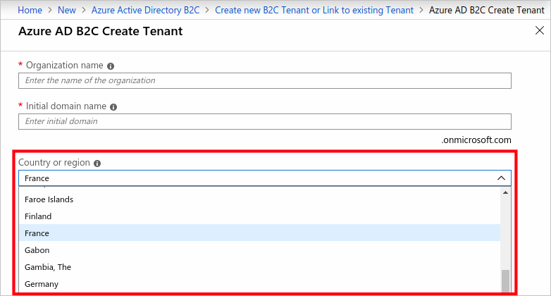 Screenshot des Formulars „Mandanten erstellen“, Auswahl von Land oder Region.