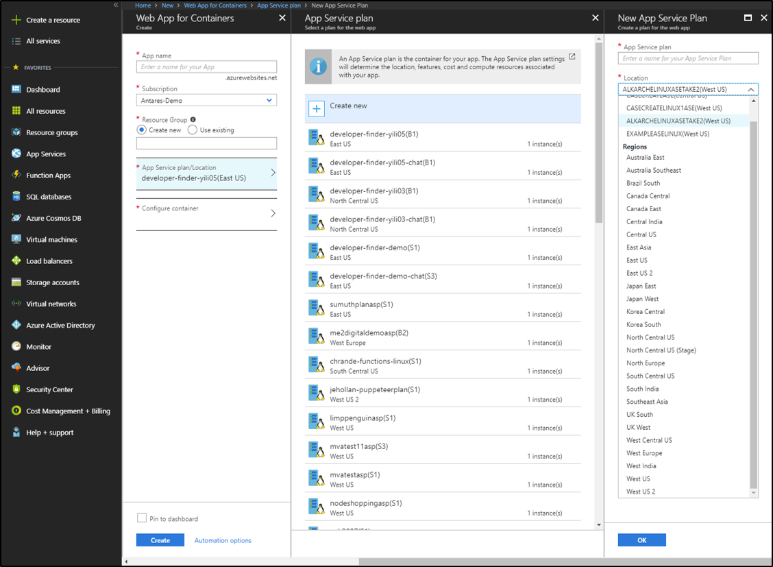 Screenshot: Azure-Portal, in dem die Bereiche „Web-App für Container“, „App Service-Plan“ und „Neuer App Service-Plan“ geöffnet sind