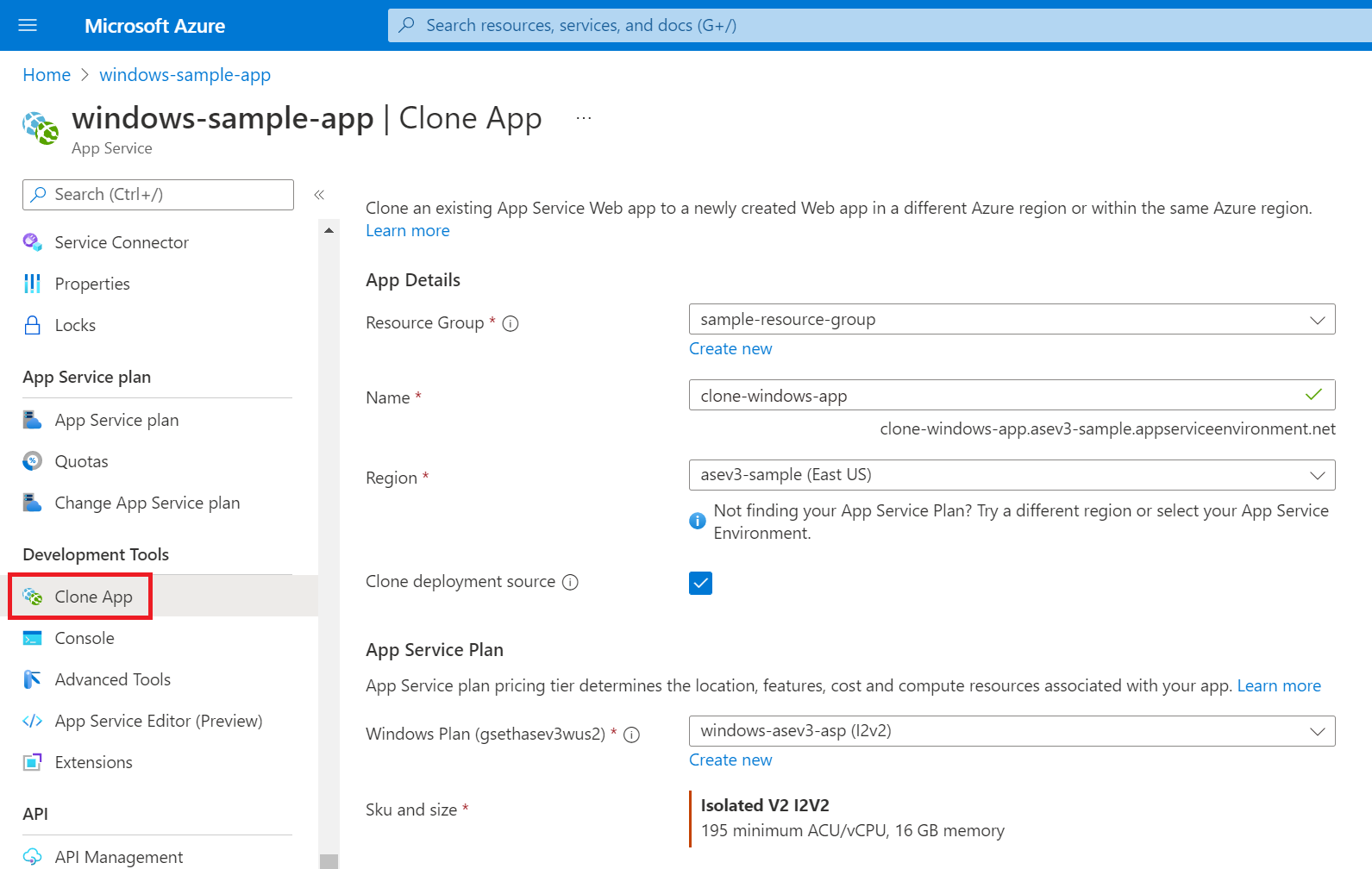 Screenshot der Optionen zum Klonen einer App in der App Service-Umgebung v3 mithilfe des Portals