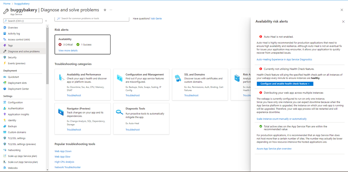 Der rechte Bereich von „Risikowarnungen“ in der App Service „Diagnose und Problembehandlung“ mit umsetzbaren Erkenntnissen, maßgeschneidert auf die aktuelle Azure-Ressourcen-App, nachdem auf den Link „Weitere Details anzeigen“ auf der Startseite geklickt wurde.