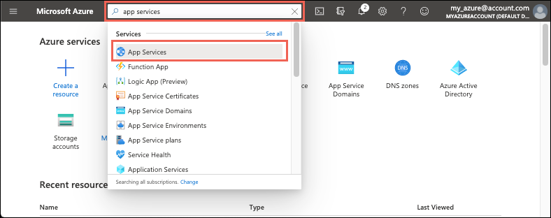 Screenshot des Azure-Portals: Option „App Services auswählen“.