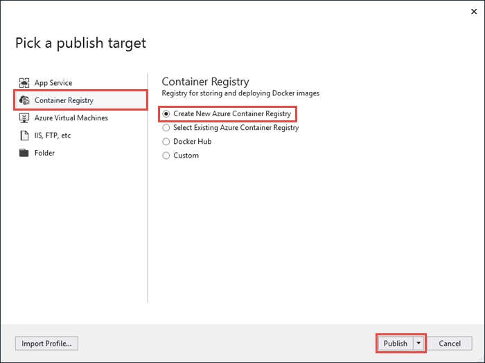 Screenshot: Veröffentlichungs-Assistent mit den ausgewählten Optionen „Containerregistrierung“ und „Neue Azure Container Registry-Instanz erstellen“ und der ausgewählten Schaltfläche „Veröffentlichen“