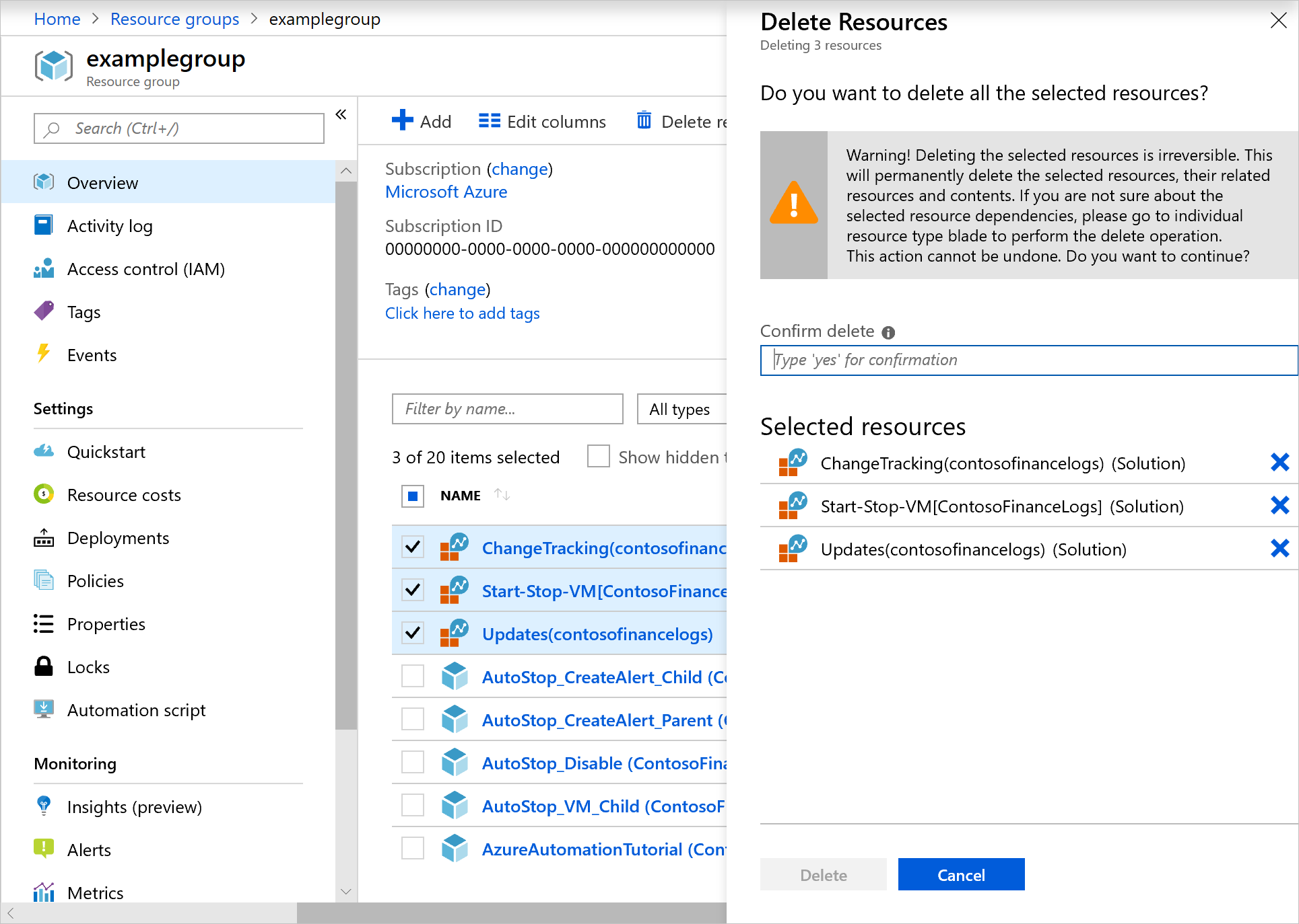 Screenshot: Löschen von Featureressourcen über das Azure-Portal