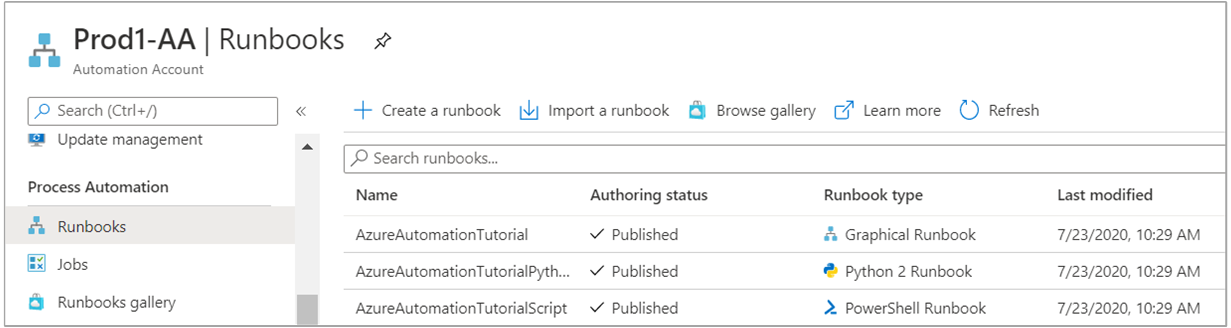 Mit dem Automation-Konto erstellte Tutorial-Runbooks