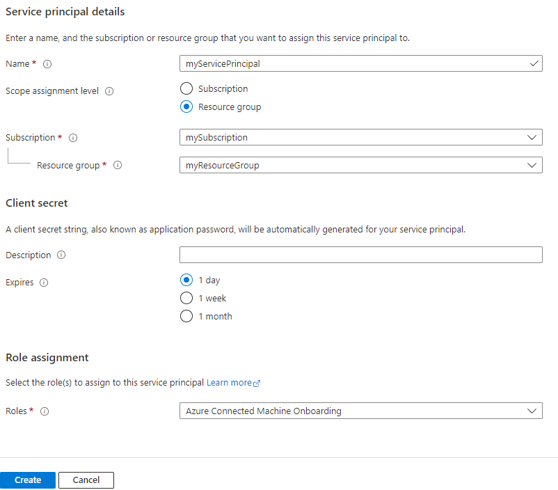 Screenshot des Azure Arc-Dienstprinzipal-Erstellungsbildschirms im Azure-Portal.