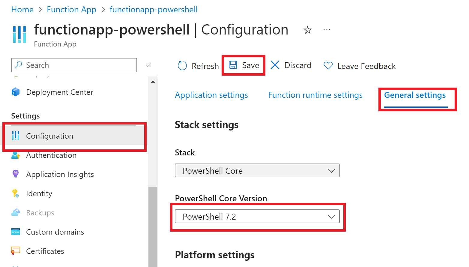 Screenshot: Festlegen der gewünschten PowerShell-Version für eine Funktions-App im Azure-Portal