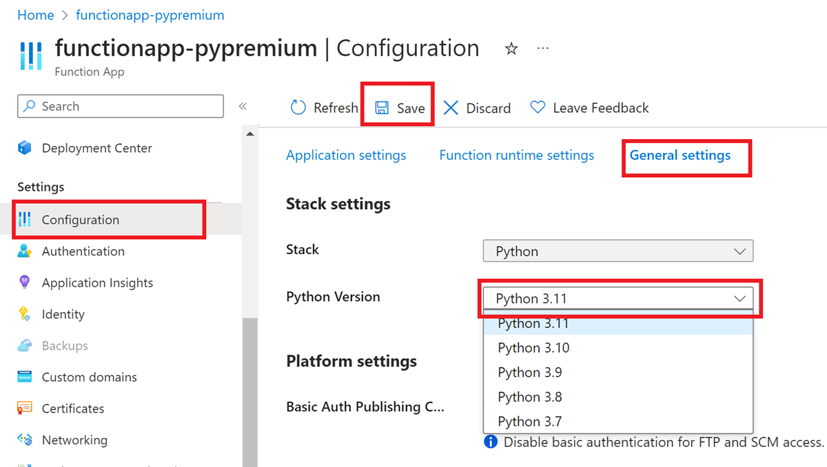 Screenshot: Festlegen der gewünschten Python-Version für eine Funktions-App im Azure-Portal