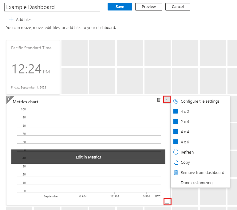 Screenshot: Dashboard mit geöffnetem Menü „Kachelgröße“