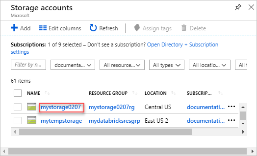 Screenshot des Azure-Portals mit einem hervorgehobenen Speicherkonto namens mystorage0207.