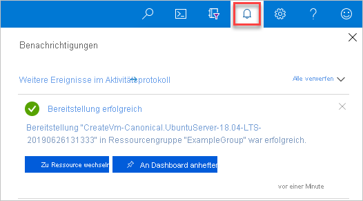 Screenshot des Anzeigens einer Bereitstellungsbenachrichtigung im Azure-Portal