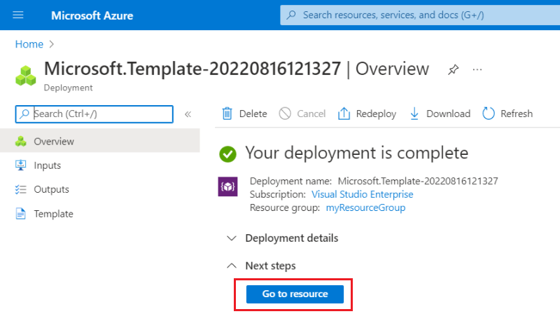 Screenshot: Benachrichtigung über eine erfolgreiche Bereitstellung im Azure-Portal