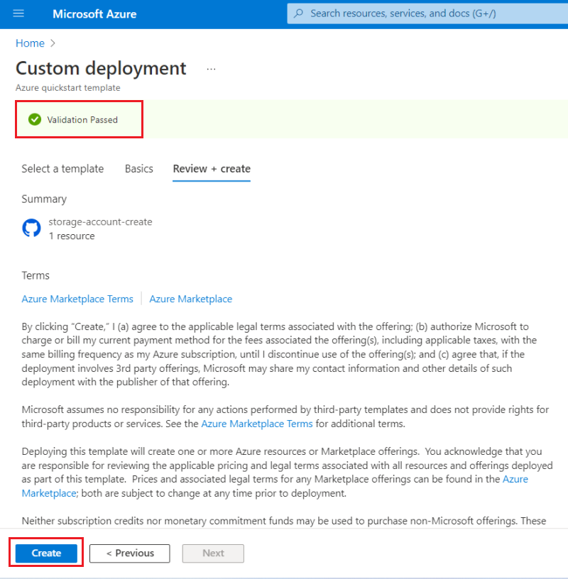 Screenshot: Schaltfläche zum Validieren und Erstellen einer Vorlage im Azure-Portal