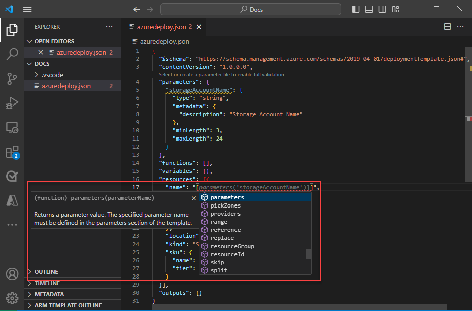 Screenshot: Automatische Vervollständigung bei Verwendung von „parameters“ in ARM-Vorlagenressourcen