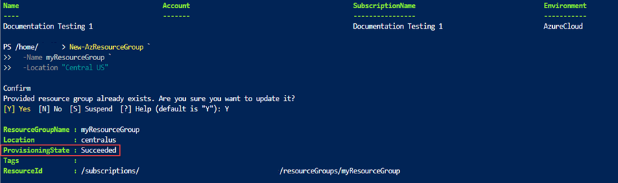 Screenshot: PowerShell-Ausgabe mit dem Status für eine erfolgreiche Bereitstellung