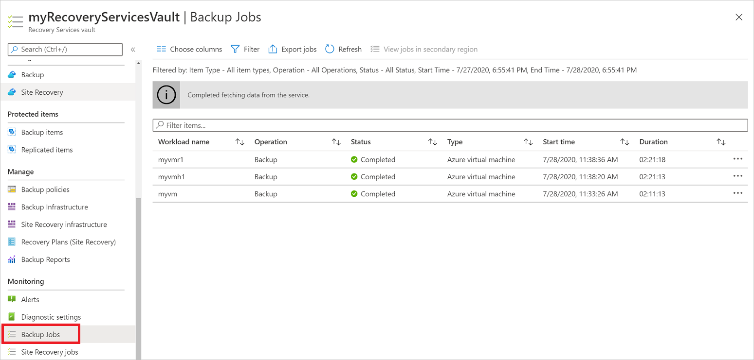 Screenshot showing the backup job status.