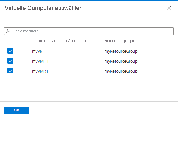 Screenshot showing the Select virtual machines blade.