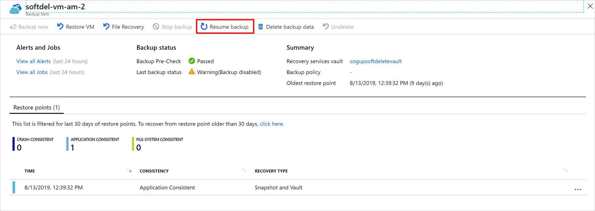 Screenshot: Option „Sicherung fortsetzen“ im Azure-Portal