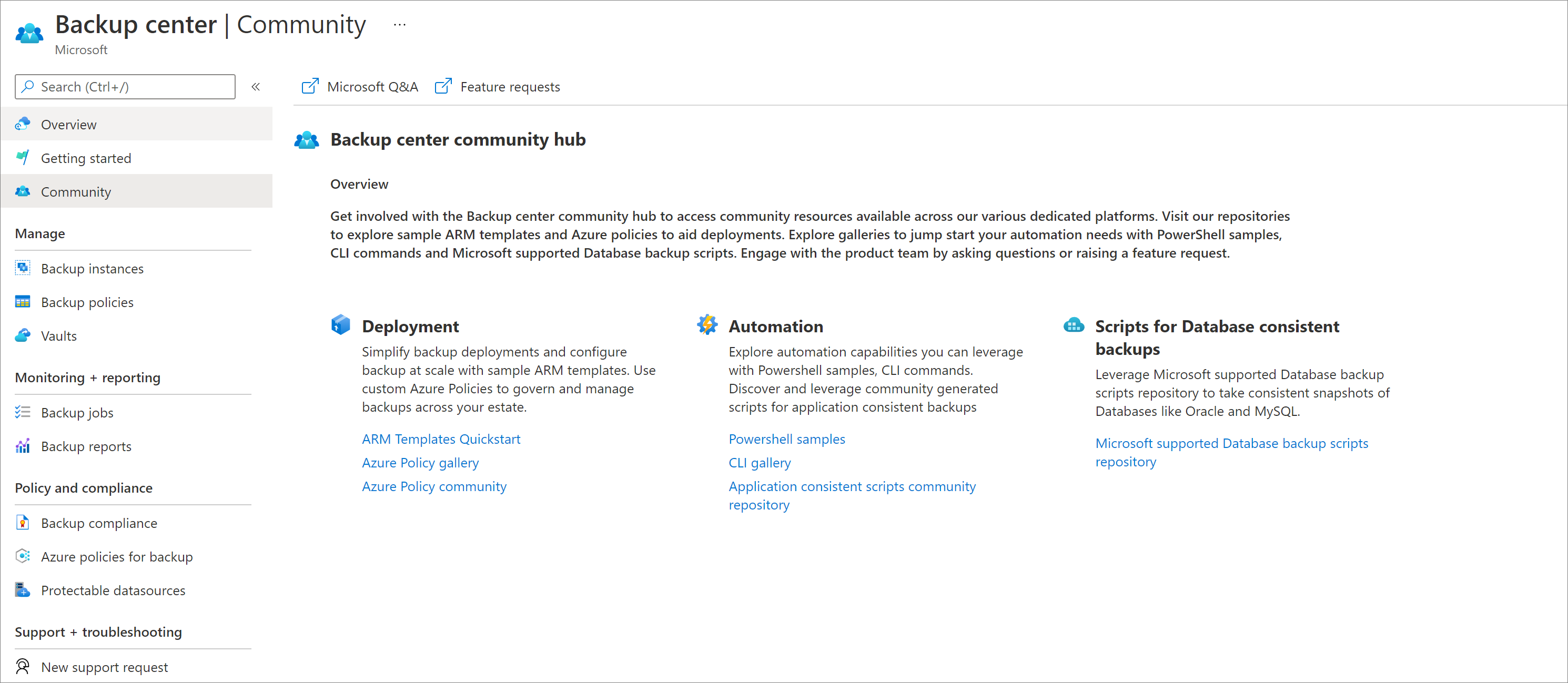 Screenshot: Zugreifen auf Community Hub über Backup Center.