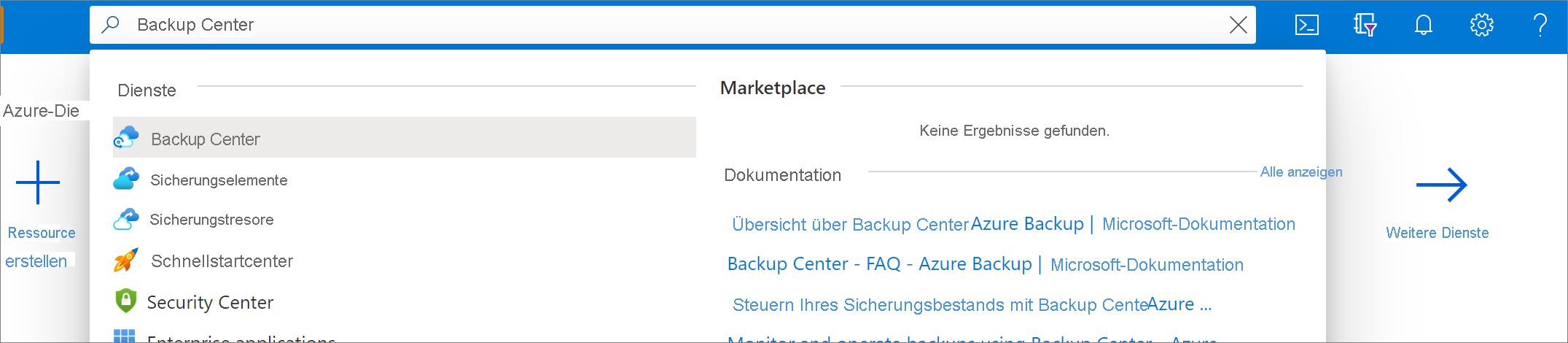 Screenshot: Suchen nach Backup Center.