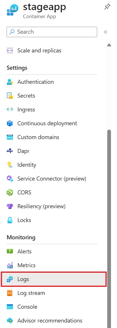 Screenshot: Hier finden Sie die Protokolle für Ihre Container-App mit Dapr-Komponentenresilienz.