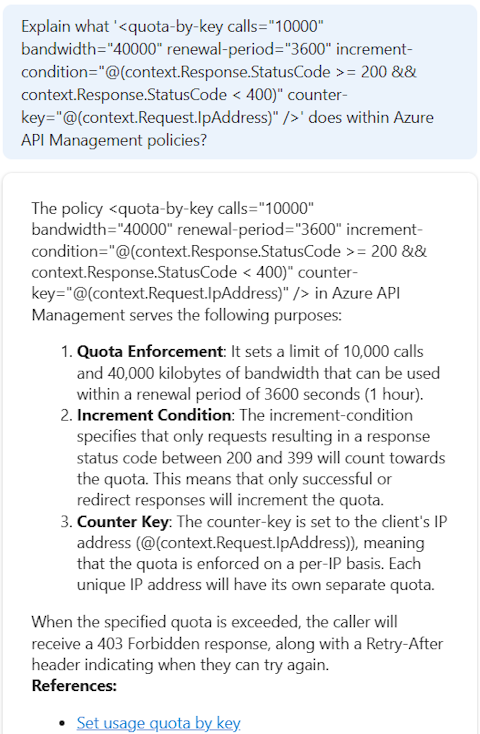 Screenshot: Microsoft Copilot in Azure mit Informationen zu einer bestimmten API Management-Richtlinie