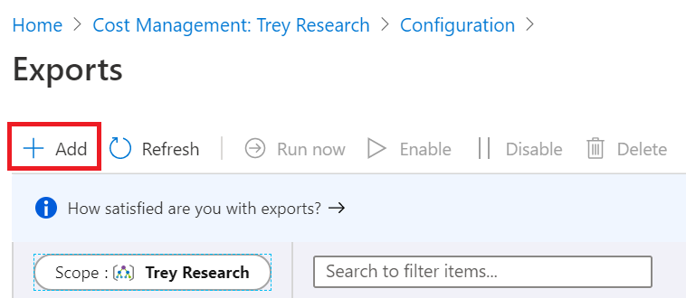 Screenshot der Option zum Erstellen eines neuen Exports im Bereich einer Verwaltungsgruppe