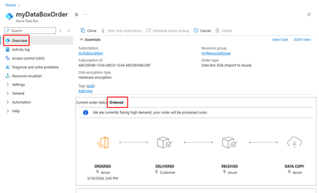 Status „Bestellt“ des Data Box-Datenträgers.