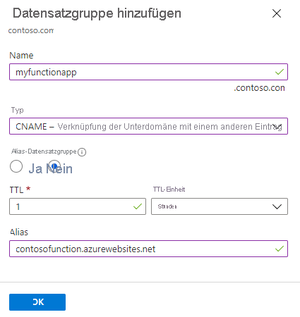 Screenshot: Seite „Datensatzgruppe hinzufügen“ in Funktions-App