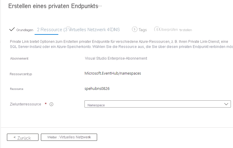 Seite „Ressource“ des Assistenten zum Erstellen eines privaten Endpunkts.