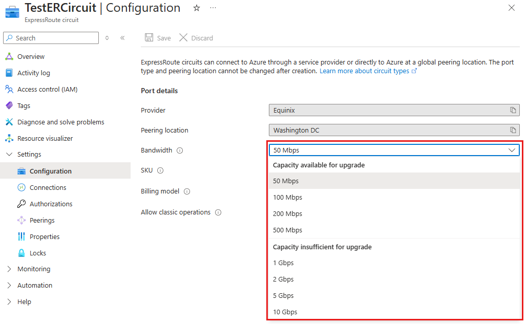 Screenshot des verfügbaren Bandbreitenupgrades für eine ExpressRoute-Verbindung.