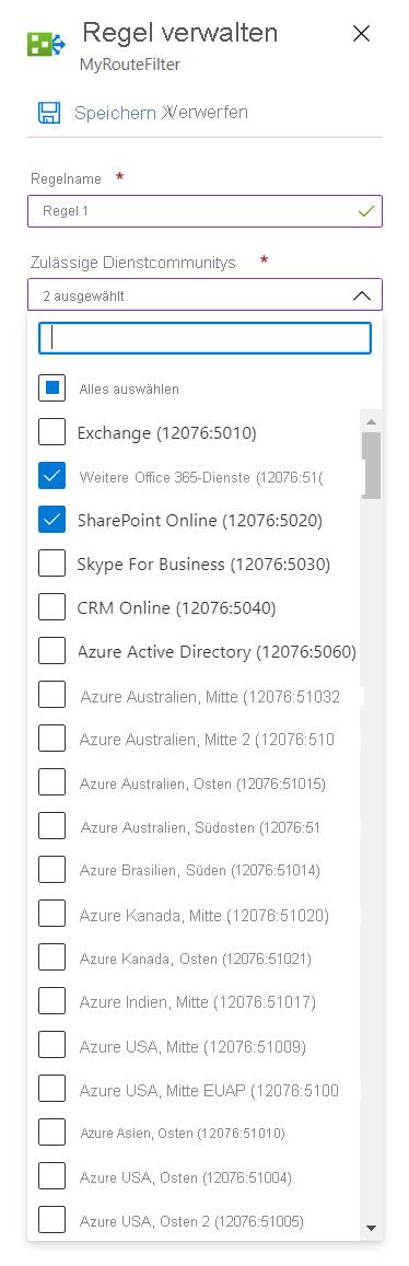 Screenshot mit dem Fenster „Regel verwalten“ mit ausgewählten Diensten in der Dropdownliste „Zulässige Dienstcommunitys“