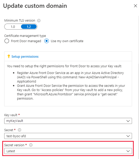 Screenshot des Auswählens der Geheimnisversion auf der Seite „Benutzerdefinierte Domäne aktualisieren“.