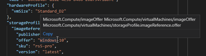 Screenshot der Azure Policy-Erweiterung für Visual Studio Code mit dem Mauszeiger über einer Eigenschaft, um die Aliasnamen anzuzeigen.